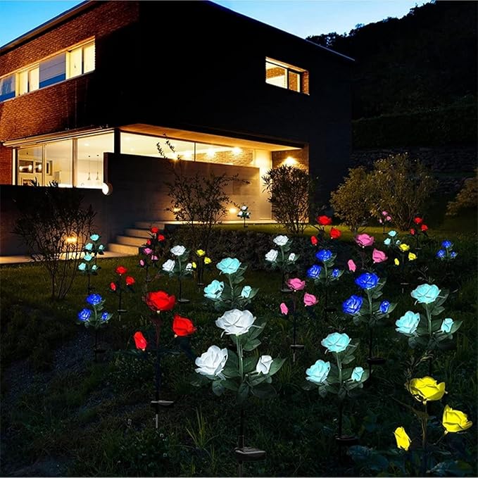 Solar Rose Garden Lights, 2 Pack Realistic Solar Flower Lights, Waterproof LED Decorative Stake Landscape Lights for Patio Pathway Grave Cemetery Outdoor Decor (White)