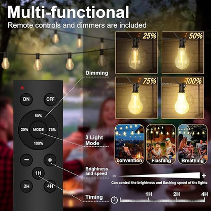 26FT Outdoor String Lights Waterproof with 17+2 Bulbs (1.5FT Bulbs Spacing), Remote & Dimmer, Commercial Patio String Lights with 3 Mode Light & Timing, 50PC Mounting Ties for Outside