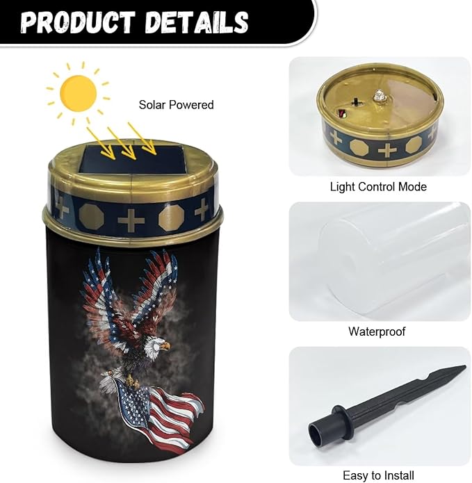 Eagle USA Flag Solar Garden Lights Outdoor Decorative Solar Stake Lights Landscape Lights Cemetery Decorations for Grave Lights Decorate Lawn, Patio, Fence, Backyard