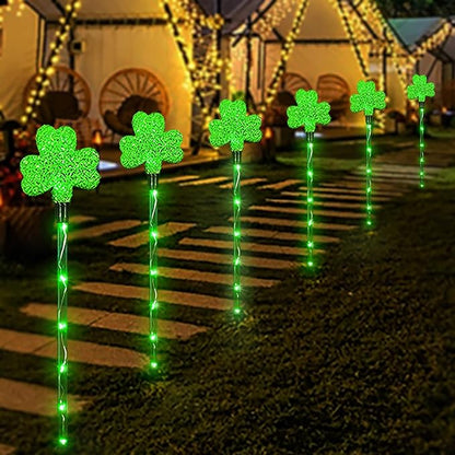 Solar Shamrocks Garden Stake Lights for St. Patrick's Day Decorations Outdoor, 8 Modes Green Lucky Clover Pathway Lights Waterproof St. Patrick's Lights for Yard Lawn Walkway Decor (6 Pack)
