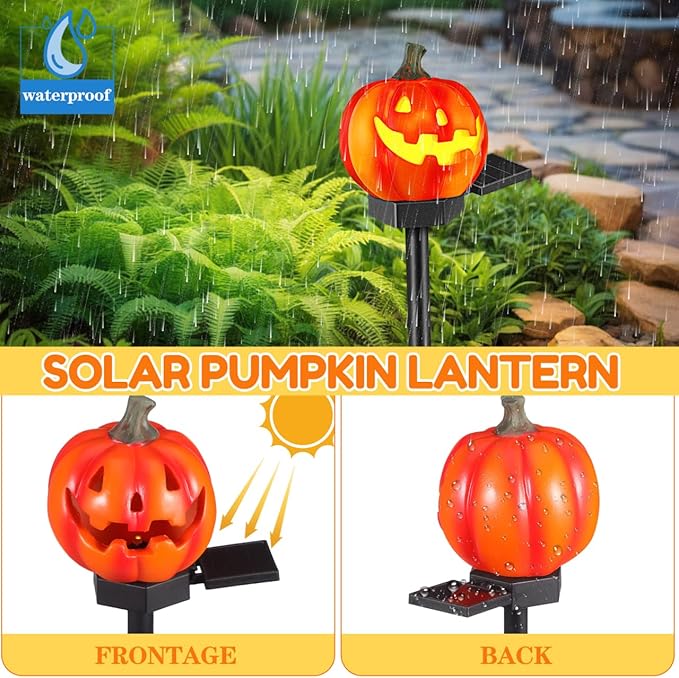 SAFIGLE Solar Pumpkin Pathway Lights：Outdoor Halloween Stake - Light up Jack O Lantern Pumpkins for Halloween Party Porch Yard Decorations