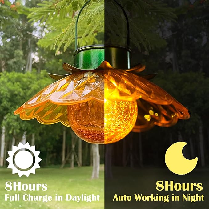XUWEN Hanging Solar Lantern Outdoor - Yellow Solar Flower Lights with Crackle Globe Glass, Hanging Lanterns Decorative Outdoor for Walkway Pathway Patio Yard, Christmas Housewarming Gifts for Women.