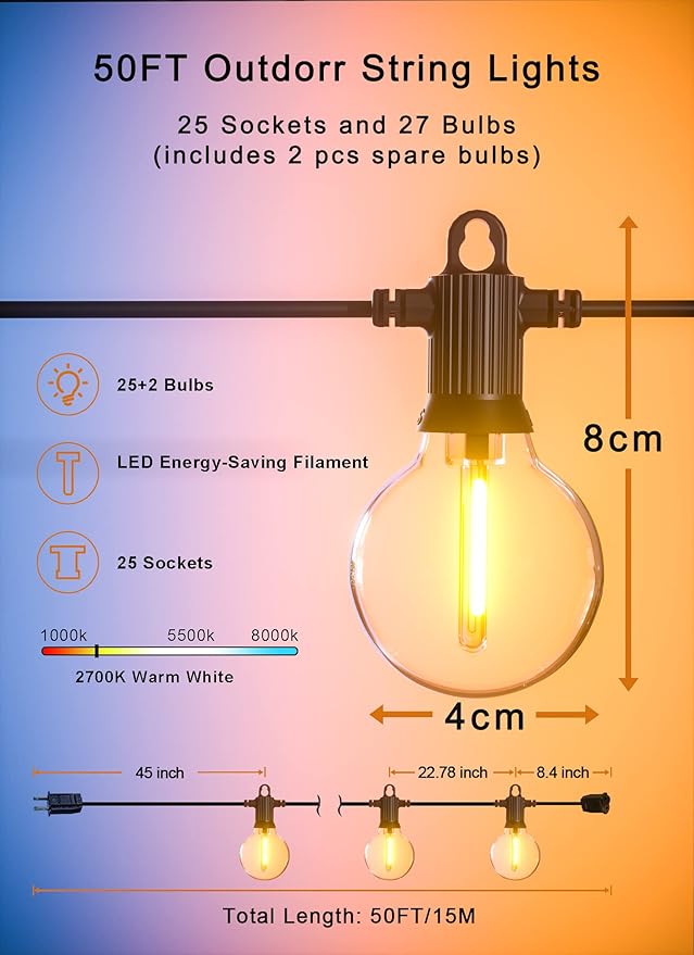 Outdoor String Lights, 50FT Patio Lights Outdoor Waterproof with 27 Shatterproof G40 Globe Bulb(2 Spare) | Lumora