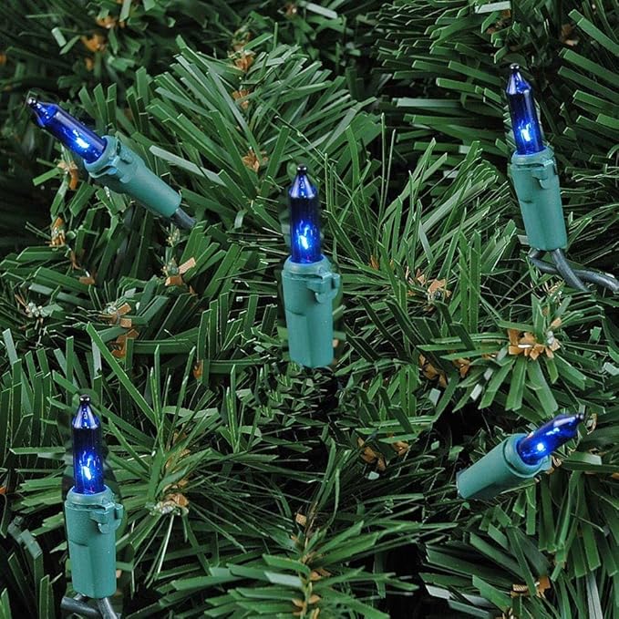 Novelty Lights 50 Feet 100 Bulbs Traditional Incandescent Mini Lights, Blue on Green Wire with 6" Spacing, Commercial Grade and UL Listed for Indoor/Outdoor Use, End-to-End Connectable