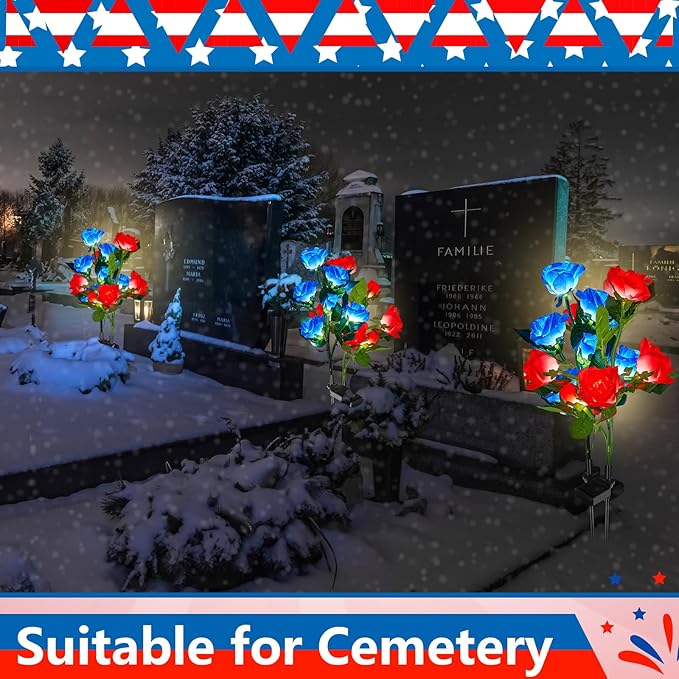 Woanger 4 Pcs Solar Flowers Cemetery Grave Decorations Outdoor LED Flower Lights with 6 Rose Powered Garden Stake Lights Waterproof for Independence Day 250 Anniversary USA Decorations(Red, Blue)