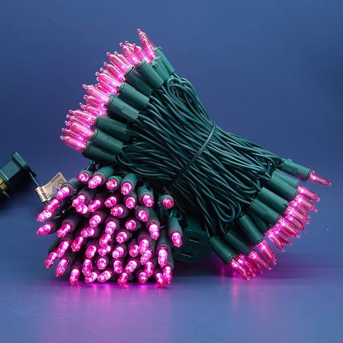 200 Count Pink LED Christmas Lights, 66 ft Green Wire UL Certified Commercial Grade Holiday String Light Set (Pink)
