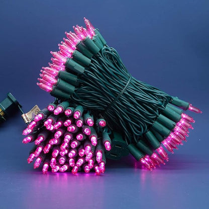 200 Count Pink LED Christmas Lights, 66 ft Green Wire UL Certified Commercial Grade Holiday String Light Set (Pink)