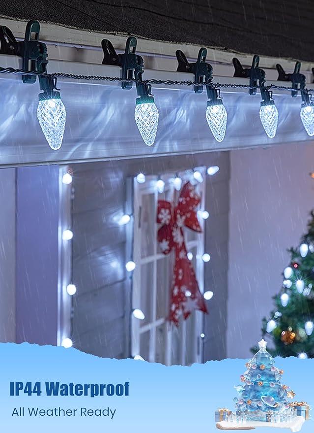 C9 LED Christmas Lights Outdoor, 68 Feet 100 LED Strawberry String Lights with 100 Spring Clamps, Waterproof Commercial Grade Extendable for Outside Roofline Patio Home Xmas Decoration, Pure White