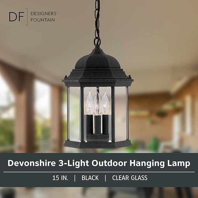 DESIGNERS FOUNTAIN 3-Light Devonshire Hanging Lamp, 10 Inch Outdoor Lantern Lighting Fixture, Clear Glass Lighting | Lumora