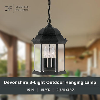 DESIGNERS FOUNTAIN 3-Light Devonshire Hanging Lamp, 10 Inch Outdoor Lantern Lighting Fixture, Clear Glass Lighting, Black, 2984-BK