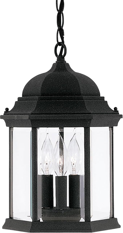 DESIGNERS FOUNTAIN 3-Light Devonshire Hanging Lamp, 10 Inch Outdoor Lantern Lighting Fixture, Clear Glass Lighting, Black, 2984-BK