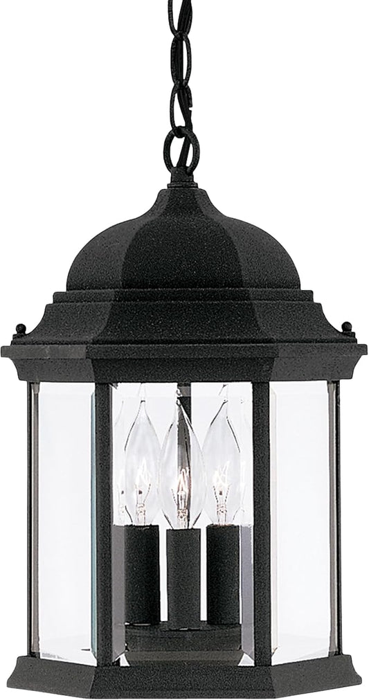 DESIGNERS FOUNTAIN 3-Light Devonshire Hanging Lamp, 10 Inch Outdoor Lantern Lighting Fixture, Clear Glass Lighting, Black, 2984-BK