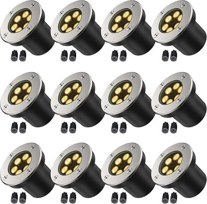 JESLED Low Voltage Landscape Lights, 6W LED Well Lights IP67 Waterproof, 3000K Warm White In-Ground Lights with Wire Connectors for Pathway, Deck, Patio, Yard, Garden (12 Pack)