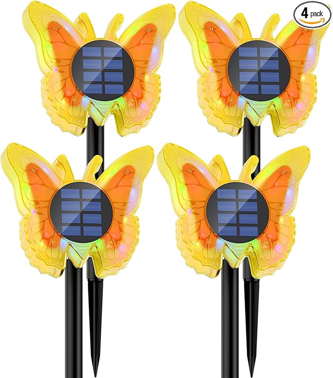 Solar Butterfly Lights Outdoor-Color-Changing 3D Glow-2-in-1 Wall & Ground-Butterfly Lights for Outside-Waterproof Garden Decorations for Patio Lawn Yard Fence Backyard Decor (4 Pack)