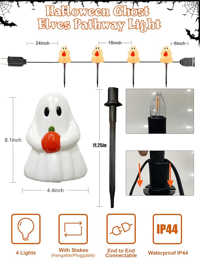 Halloween Ghost Pathway Lights Outdoor, 7Ft C7 Halloween Decorations Pathway String Lights with 4 Elves Holding Pumpkin Walkway Lights Waterproof, Plug-in Night Lights for Porch Yard Patio Garden