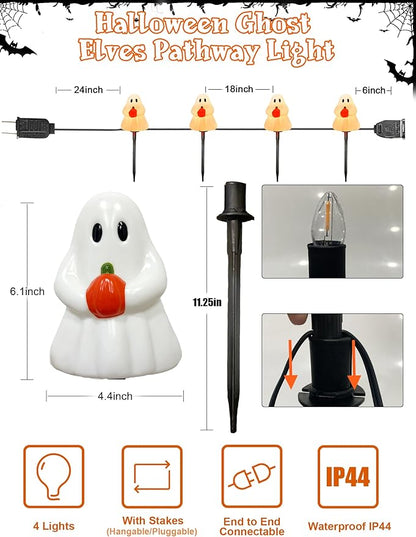 Halloween Ghost Pathway Lights Outdoor, 7Ft C7 Halloween Decorations Pathway String Lights with 4 Elves Holding Pumpkin Walkway Lights Waterproof, Plug-in Night Lights for Porch Yard Patio Garden