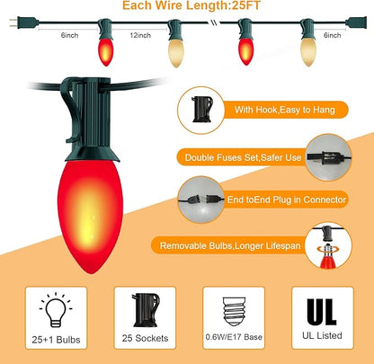 Abeja 25Ft C9 Multicolor Christmas Lights - Outdoor Vintage String Lights with 26 Red/White Ceramic LED Bulbs (1 Spare) for Holiday, Xmas, Roofline, Wedding - Green Wire
