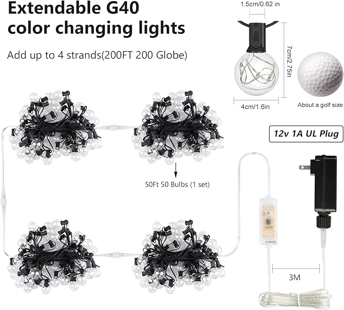 OMIKA 50FT Outdoor String Lights, Patio Light Outdoor Waterproof with 50+2 Shatterproof Dimmable G40 Bulbs, Color Changing LED Outside Light Connectable Hanging Lights for Pergola Backyard Party