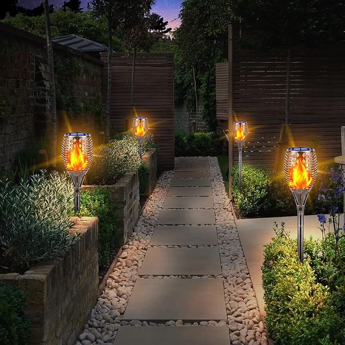TomCare Solar Lights Upgraded, 43" Higher & Larger Waterproof Flickering Flames 96 LED Torches Outdoor Solar Landscape Decoration Lighting Auto On/Off Pathway Lights for Garden Patio,Bronze (4)