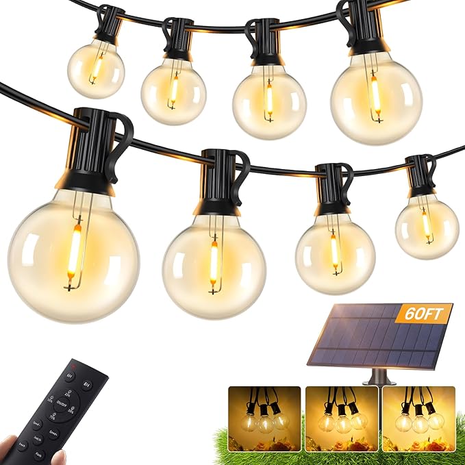 Brightever Solar String Lights Outdoor with Remote, 60FT 25+1 LED G40 Bulbs Shatterproof Patio Lights, IP65 Waterproof Dimmable Hanging Solar Power Globe LED Outdoor Lights for House, Market, Bistro