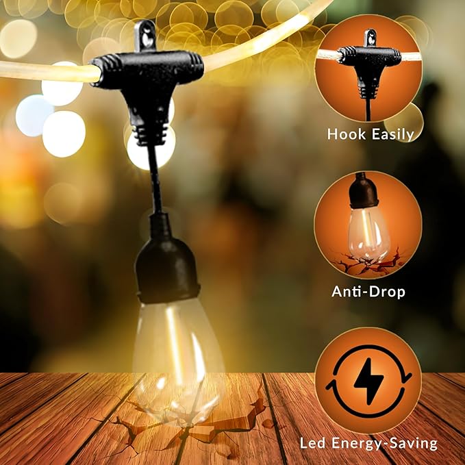 Outdoor String Lights 28.2 FT, Waterproof Dimmable LED Edison Bulbs with Remote, Rope-Style Durable Design | Lumora