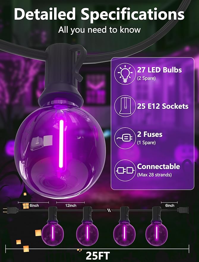 SUNSGNE G40 LED Purple Lights Outdoor, 25 Feet Halloween Purple String Lights with 25 Count Bulbs for Halloween | Lumora