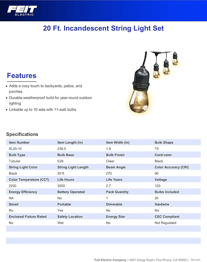 Feit Electric 20ft Incandescent and Weatherproof String Lights with 10 Outdoor Sockets, Linkable, 90+ CRI, E26 Base, 3,000-Hour Lifetime, Wet Rated, SL20-10, 15 (30 Lumens/11-watt) Bulbs Included