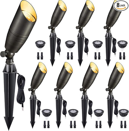Gardenreet Spot Light Brass - Outdoor Landscape Spotlights LED, 12V Low Voltage Landscaping Uplights Hard-Wired, All Weather Bronze for Backyard Lawn with Warm White Changeable Bulbs (8 Pack)