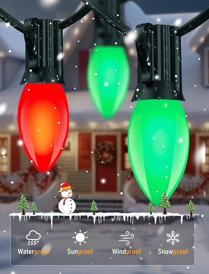 25Ft C9 LED Christmas Lights Outdoor, C9 Red and Green Christmas String Lights with 26 LED Shatterproof Bulb | Lumora