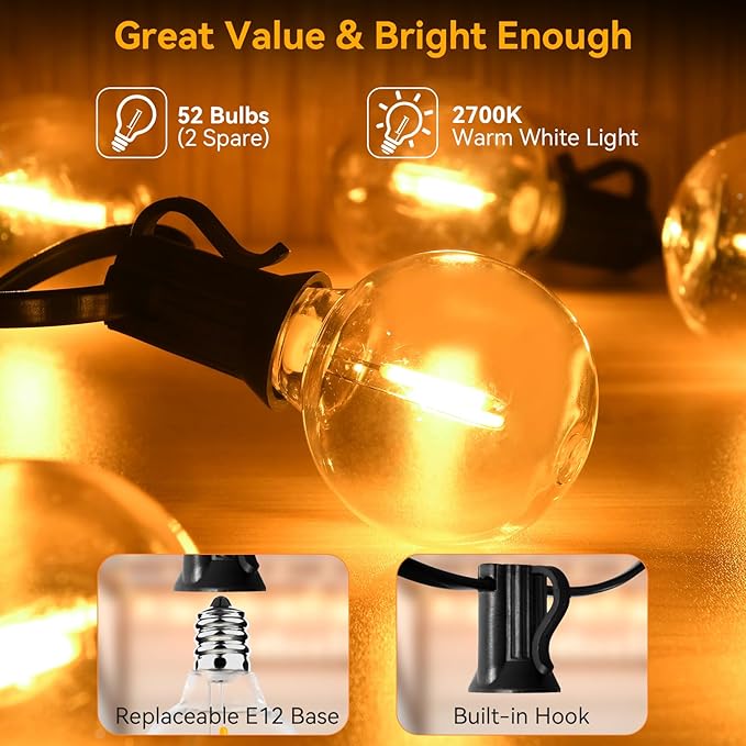 100ft Outdoor String Lights Waterproof/Connectable/Dimmable with 52 LED Shatterproof Bulbs,2-Pack 50ft UL Listed | Lumora