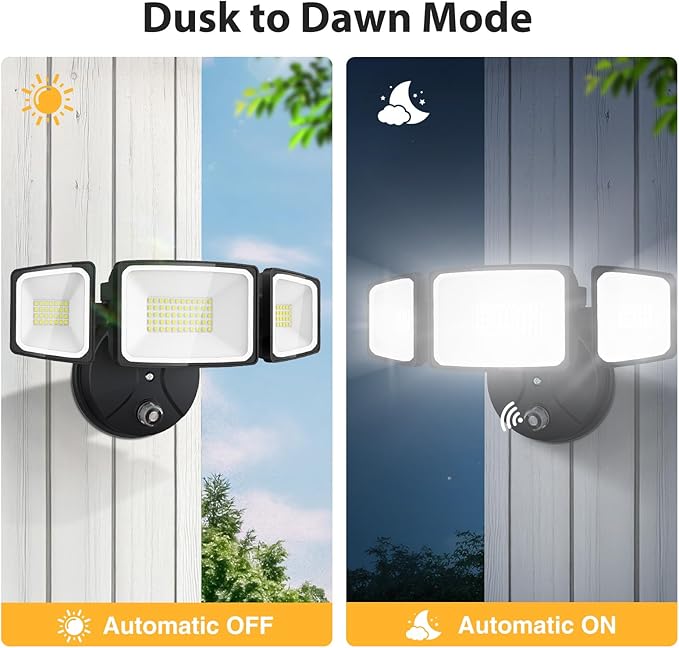 Onforu 70W Dusk to Dawn Outdoor Lighting,7000LM Black Flood Lights Outdoor,IP65 Waterproof Exterior Security LED Light,3 Adjustable Heads Photocell Light Fixture,6500K Floodlight for Garage,Patio,Yard
