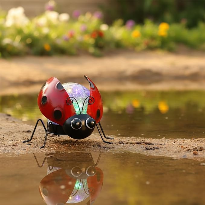 Solar Lights Outdoor Ladybug Decor with Crackle Glass Globe Lights - Cute Metal Ladybug Decor for Yard Lawn Patio Porch Pathway Tabletop, Housewarming Gifts for Mom Women