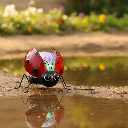 Solar Lights Outdoor Ladybug Decor with Crackle Glass Globe Lights - Cute Metal Ladybug Decor for Yard Lawn Patio Porch Pathway Tabletop, Housewarming Gifts for Mom Women