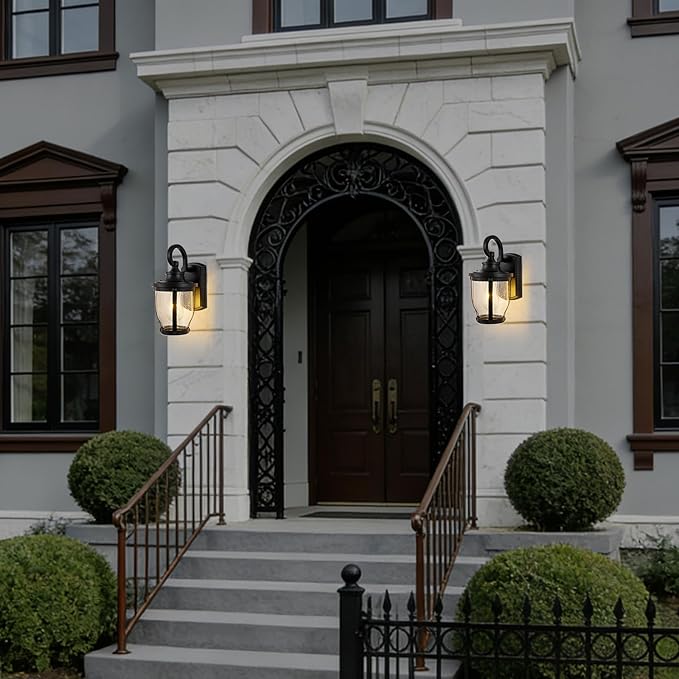 Outdoor Wall Light Fixtures 2packs Exterior Porch Lights 12.7" Lantern Sconce with Seeded Glass Shade Wall Mount Outside Lights for Garage Front Door Pathways Balcony Patio Cafes Black