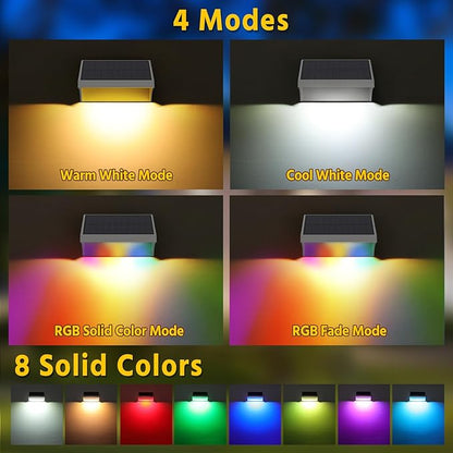 NIORSUN Outdoor Fence Lights, 6 Pack Waterproof LED Solar Fence Lights with 1500mAh Battery, Warm White/Cool White/RGB, Easy-to-Install Wall Light for Deck, Patio, Railing, Stairs, Backyard – White