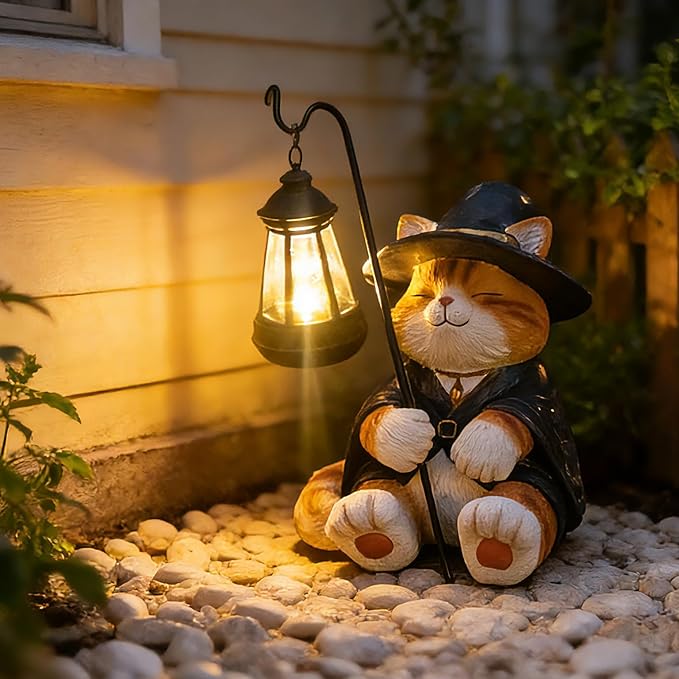 Decorative Solar Lights Garden Cat Statue Outdoor Figurine Light Themed Wizard Cat Lantern for Garden Decoration | Lumora