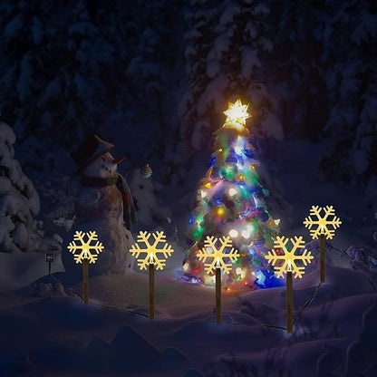BRIGHTDECK Snowflake Solar Christmas Decorations Outdoor, 5 Pack LED Christmas Pathway Lights, Waterproof Snowflake Pathway, Stake Lights for Garden Decor(5Pcs Warm White)