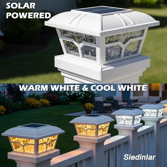 SIEDiNLAR Solar Post Cap Lights Outdoor 2 Color Modes 8 LEDs for 4x4 5x5 6x6 Wooden Vinyl Posts Fence Deck Patio | Lumora