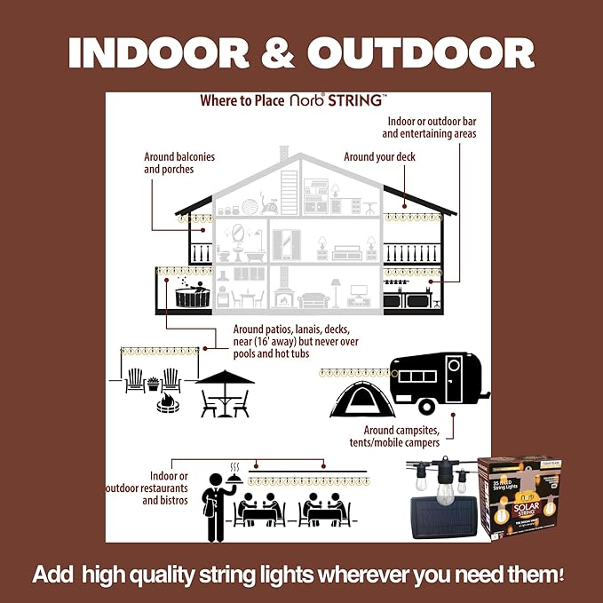 NorbSTRING 50FT LED String Lights – Plug-in Outdoor Weatherproof Lights, Cozy Candle-Like Warm White Glow, Shatterproof Commercial-Grade Bulbs for Patio, Backyard, Deck & Events, Energy-Efficient