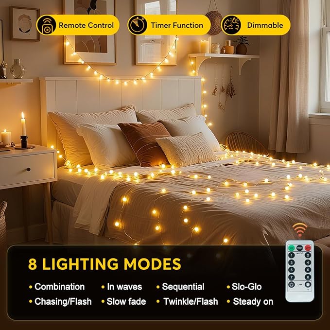 180ft Globe String Lights with 16ft Extended Lead & Stable Remote - 300 LED Warm White, 8 Distinct Modes, IP44 | Lumora