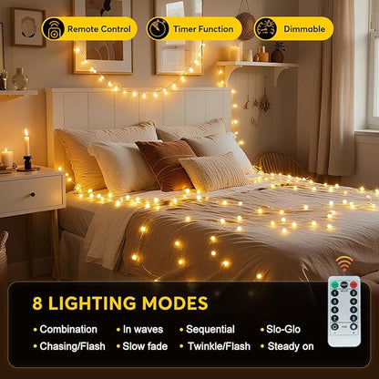 49.2ft Globe String Lights with 16ft Extended Lead & Stable Remote - 100 LED Warm White, 8 Distinct Modes, IP44 Waterproof, UL Certified, Linkable for Indoor Outdoor Wedding Party Decor