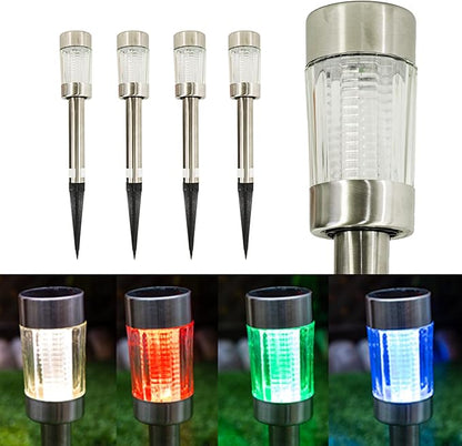 Crosslight Solar Four Multicolor Glass Metal Pathway Light - Weatherproof with Color Select LED's; Pure White, Red, Green and Blue (4-Pack)