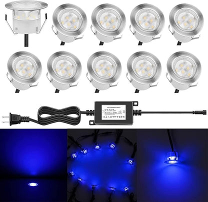 Low Voltage LED Deck Lighting Kit Stainless Steel 1W Waterproof Outdoor Yard Garden Decoration Lamps Landscape Pathway Patio Step Stairs LED In-ground Lights Silver Border(10pcs,Blue)