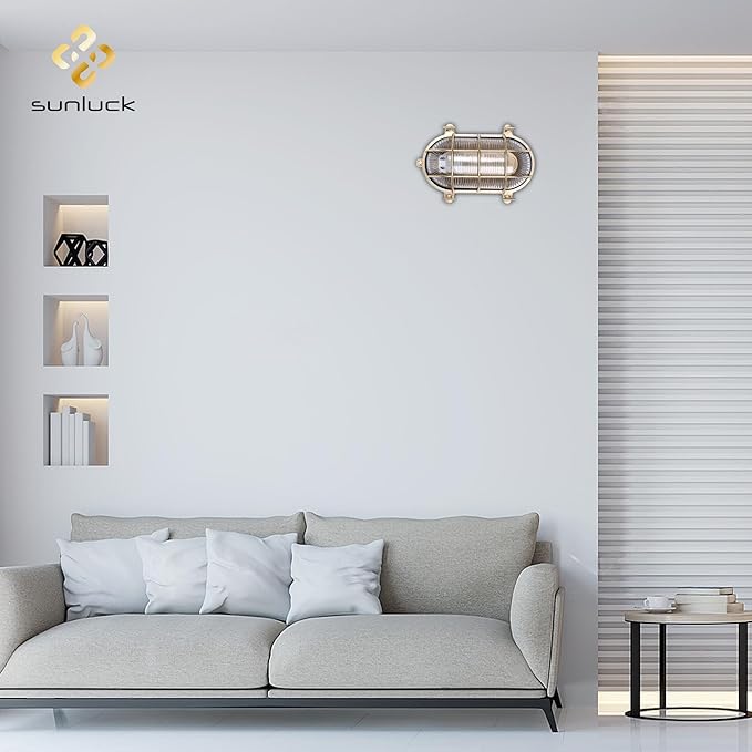 Sunluck Brass Bulkhead Light,Grid Oval Nautical Wall Light,Lampshade,Ceiling Mount Lighting,Sauna Light Waterproof | Lumora