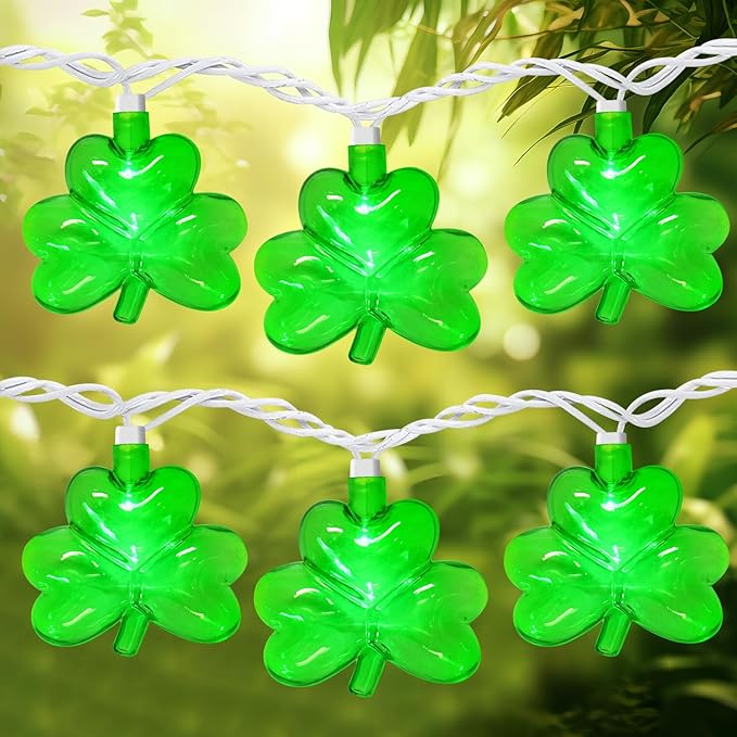 8.5FT Clear Green Shamrock Lights, St Patricks String Lights Outdoor Waterproof with 10 LED Light for rish Shamrock | Lumora