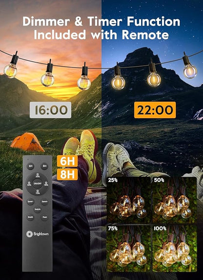Brightown Outdoor String Lights with Remote, 2 Packs Each 38Ft 15 LED Patio Lights Outdoor Waterproof, String Lights for Outside, Hanging Lights for Porch Balcony Bistro Cafe