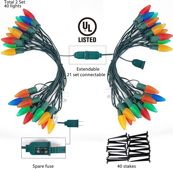 Brightown Strawberry C9 Christmas Pathway String Lights, 25.7 Feet C9 Walkway Lights with 20 Colored Bulbs and Stakes, Connectable Christmas Light Outdoor Decorations for Outside, Multicolor