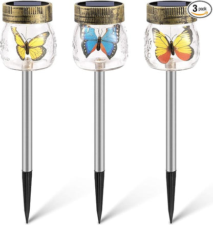 SUNWIND Solar Garden Lights Outdoor Decorative - 3 Pack Decorative Butterfly Glass Jar Lights for Pathway, Lawn, Yard