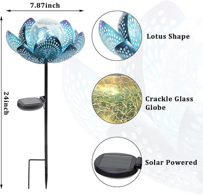 Bshine Lotus Solar Light Outdoor, Waterproof Crack Glass Globes LED Lotus Flower Metal Stake Valentine's Day Outdoor Decor Yard, Courtyard, Path, Art Lawn Ornaments, Gift for Mom Housewarming, Blue