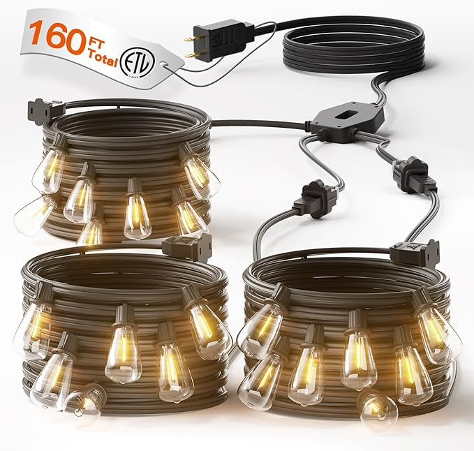 addlon 160FT LED Outdoor String Lights (3x50FT) 50FT Solar String Lights for Outside G50